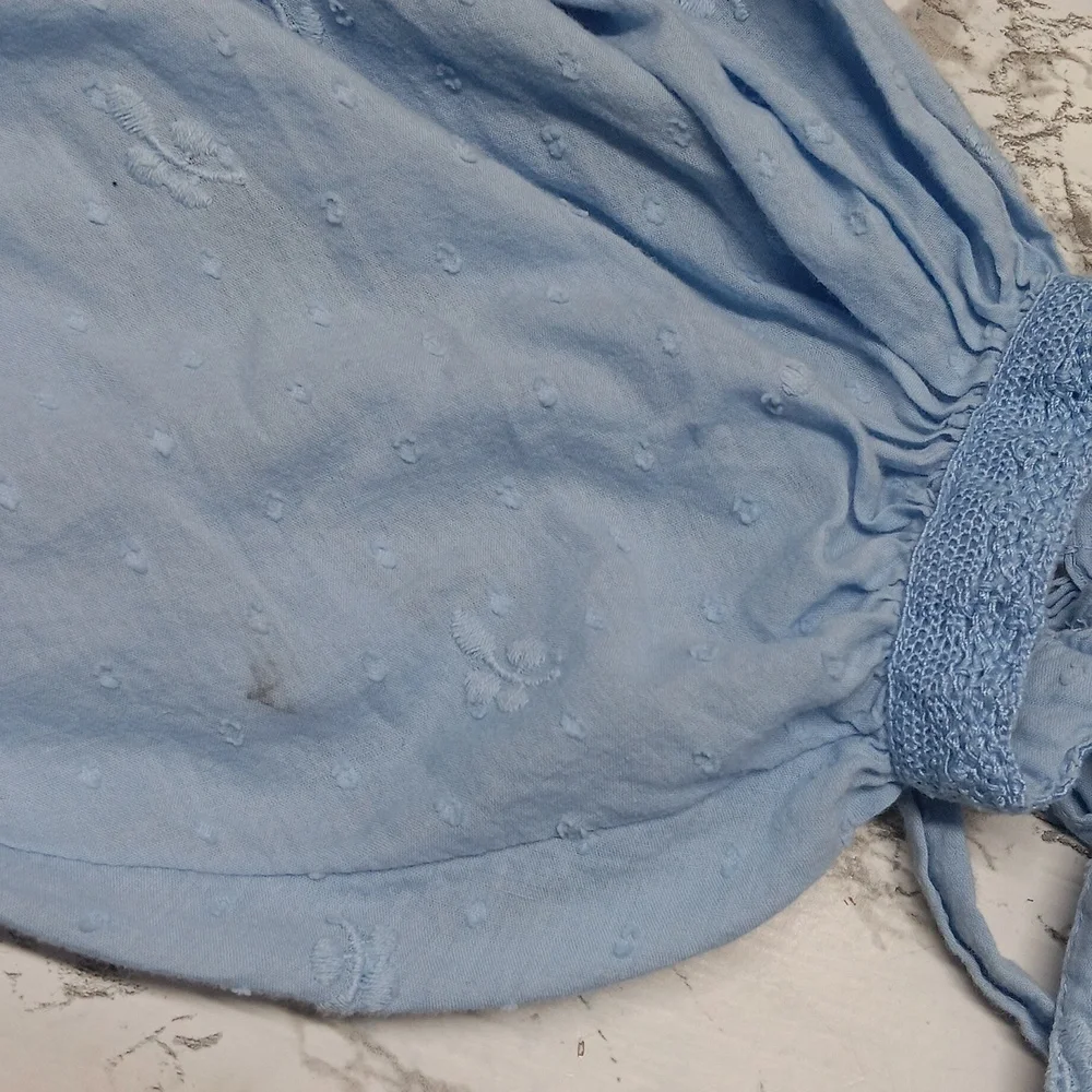 Free People Drive You Mad Women Blue Crocheted Crop Puff Sleeve Top XS Peplum